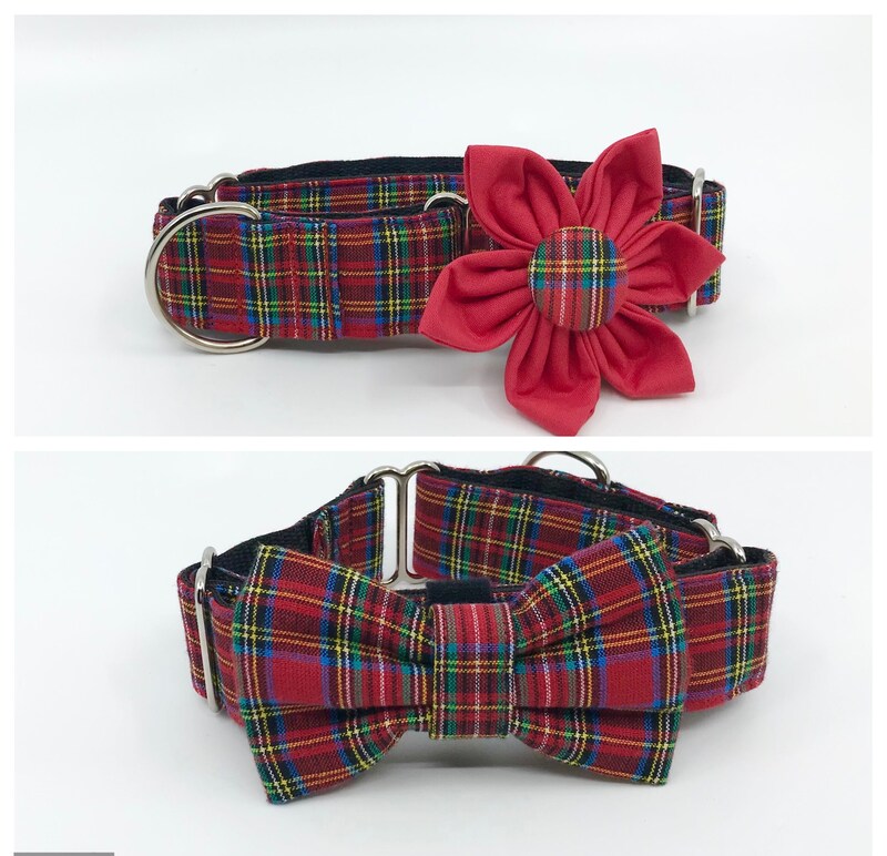 Red Tartan Christmas Martingale Dog Collar With Optional Flower Or Bow Tie Adjustable Slip On Collar Sizes S, M, L, XL